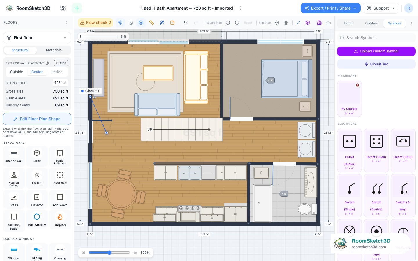 Hovering a custom symbol in My Library reveals its delete control in RoomSketch3D