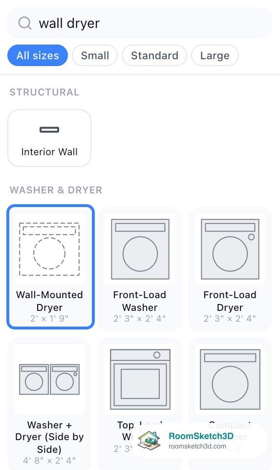 Furniture search for wall dryer in RoomSketch3D: the Washer & Dryer group with the Wall-Mounted Dryer tile highlighted, next to Front-Load Washer and Front-Load Dryer