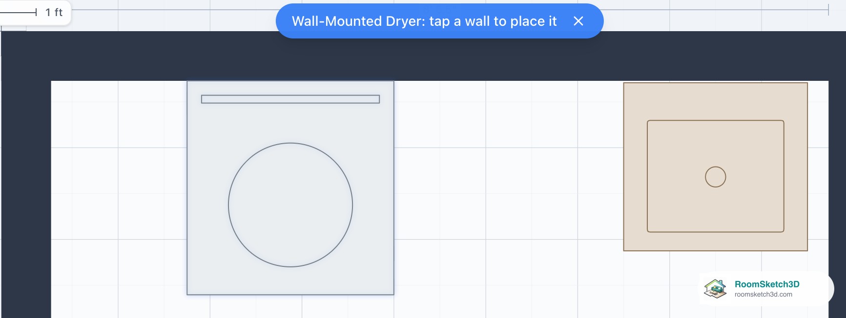 Laundry room plan with a front-load washer against the top wall and the blue note Wall-Mounted Dryer: tap a wall to place it — RoomSketch3D room planner app
