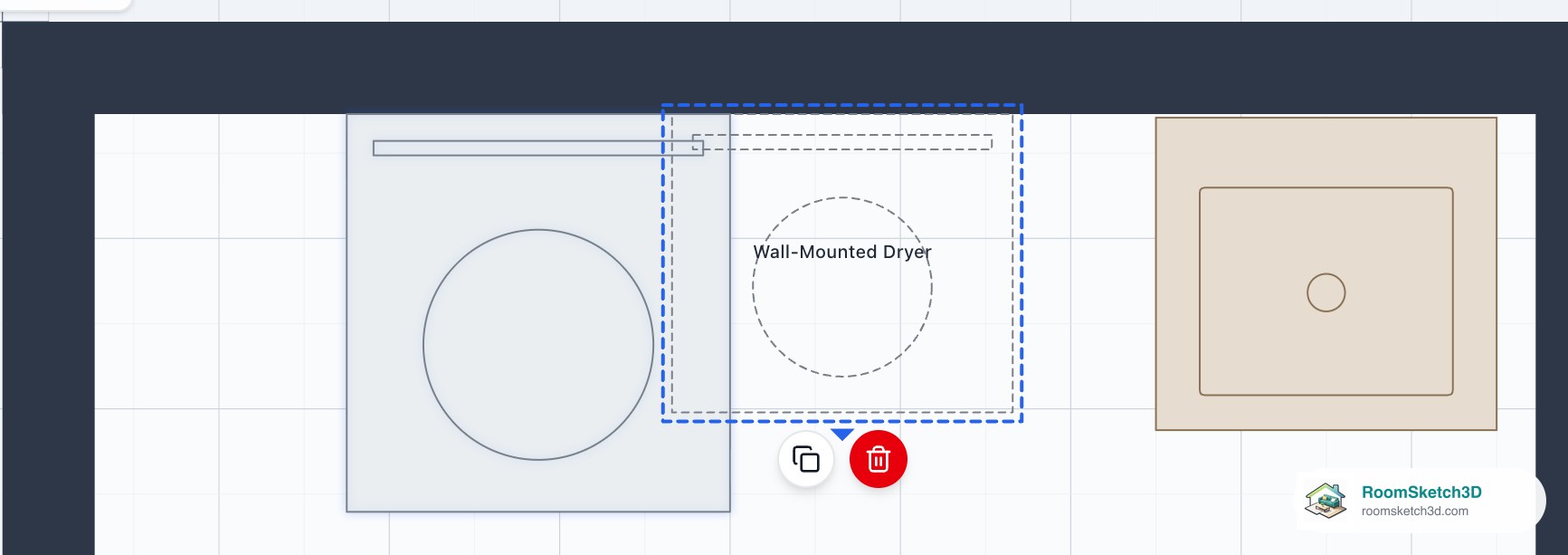 The Wall-Mounted Dryer hung on the top wall beside the washer, drawn as a dashed outline and selected — RoomSketch3D 3D floorplan software
