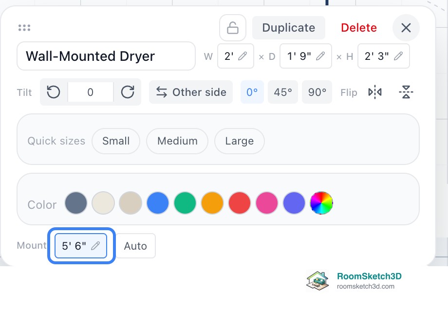 The Wall-Mounted Dryer panel: W 2 feet, D 1 foot 9 inches, H 2 feet 3 inches, and Mount 5 feet 6 inches highlighted with an Auto button — RoomSketch3D home design app