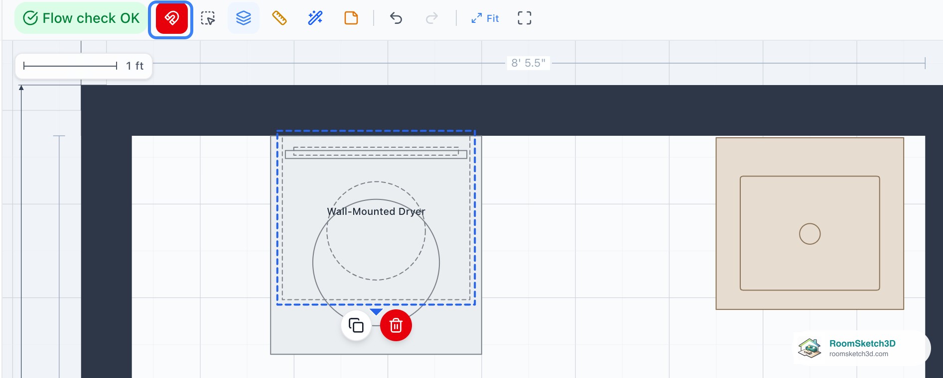The RoomSketch3D toolbar with the red Snap magnet highlighted, and the Wall-Mounted Dryer centred over the front-load washer on the plan