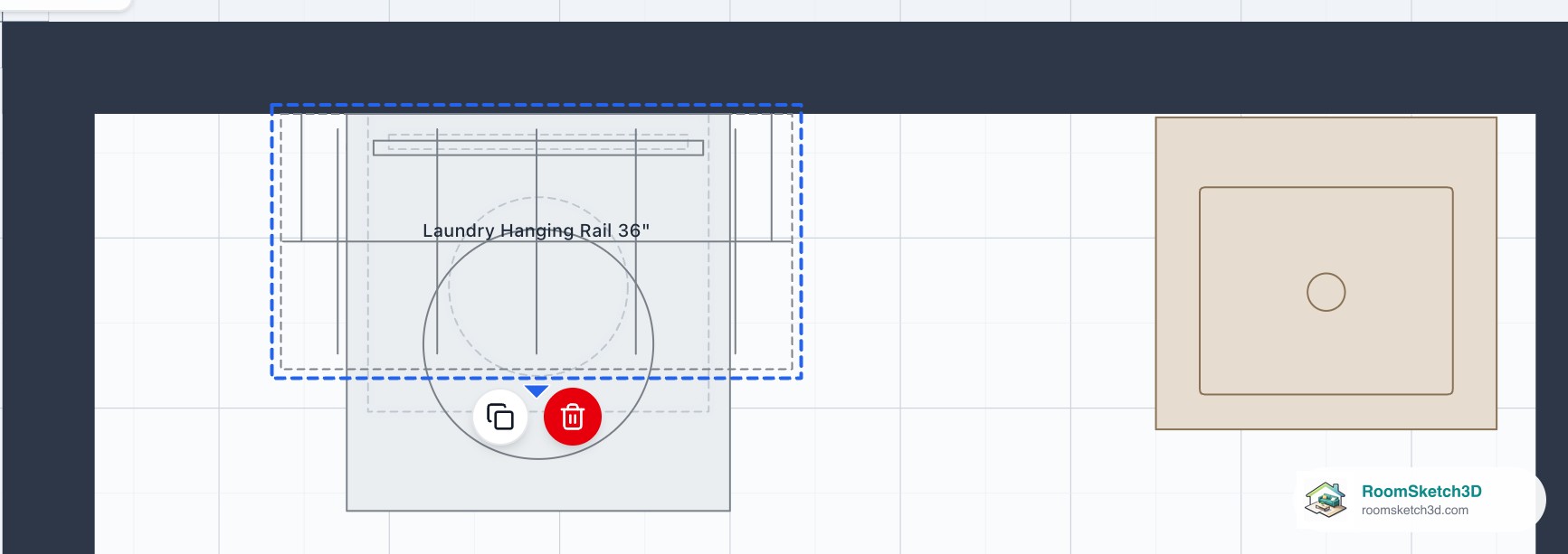 Plan of the laundry wall with the Laundry Hanging Rail 36 inch selected over the washer, under the wall-mounted dryer — RoomSketch3D home design app