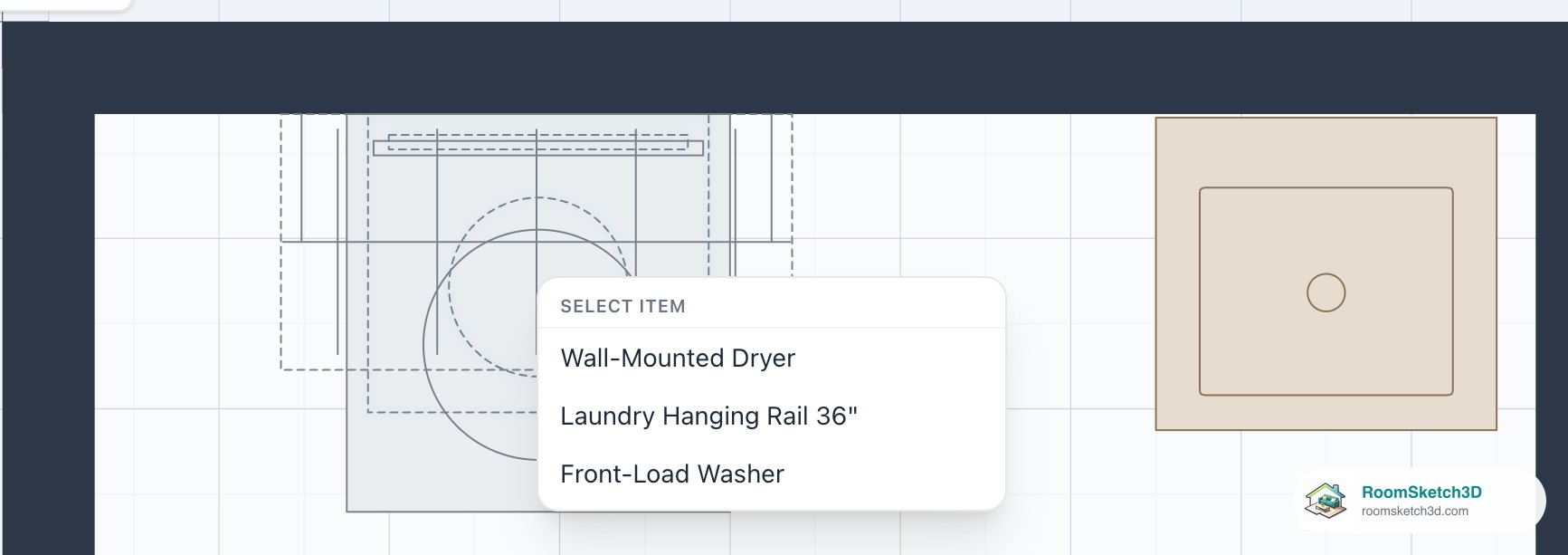 Tapping the stacked laundry pieces opens a Select item list: Wall-Mounted Dryer, Laundry Hanging Rail 36 inch, Front-Load Washer — RoomSketch3D floor planner