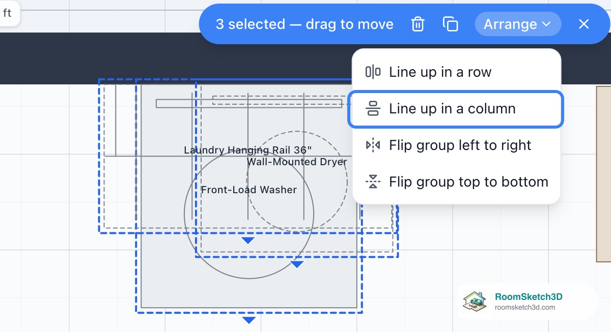 Three laundry pieces selected with the blue bar 3 selected — drag to move, and the Arrange menu open with Line up in a column highlighted — RoomSketch3D floor plan creator
