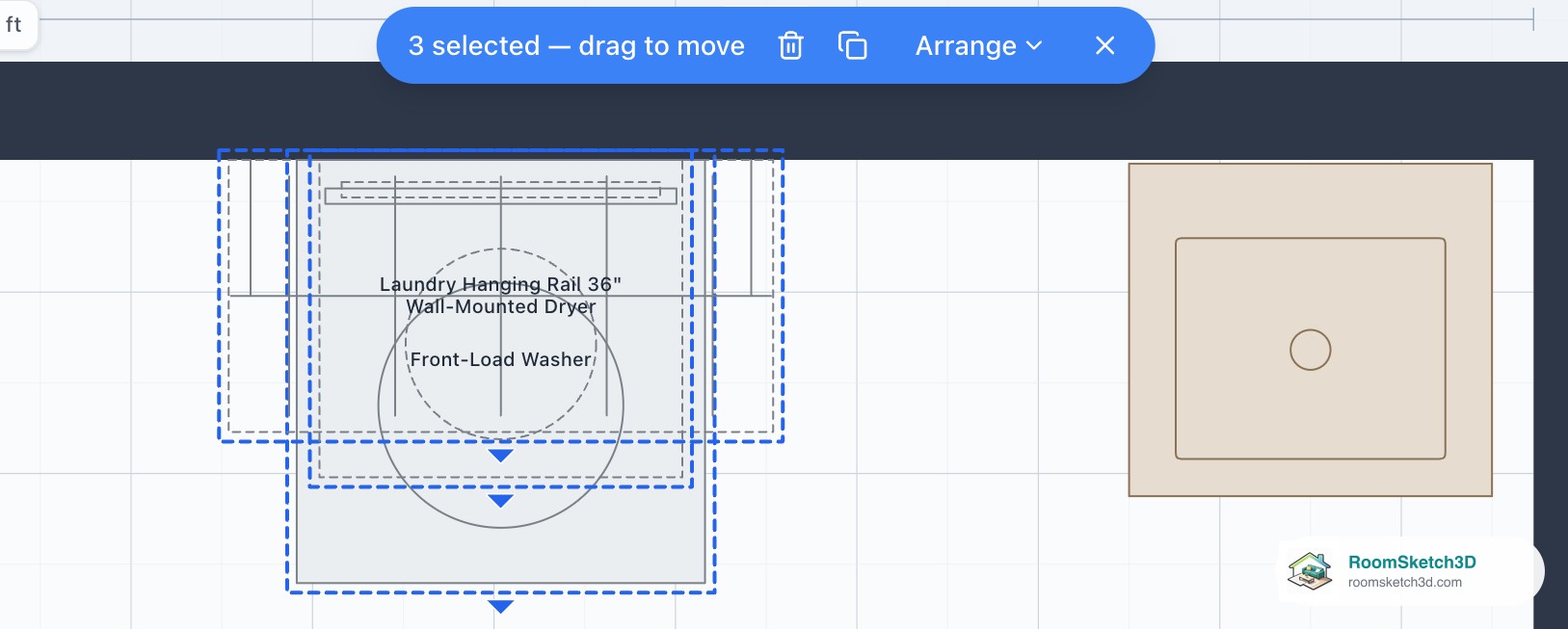 Washer, hanging rail and wall-mounted dryer centred on one line on the laundry wall after Line up in a column — RoomSketch3D 3D floorplan software