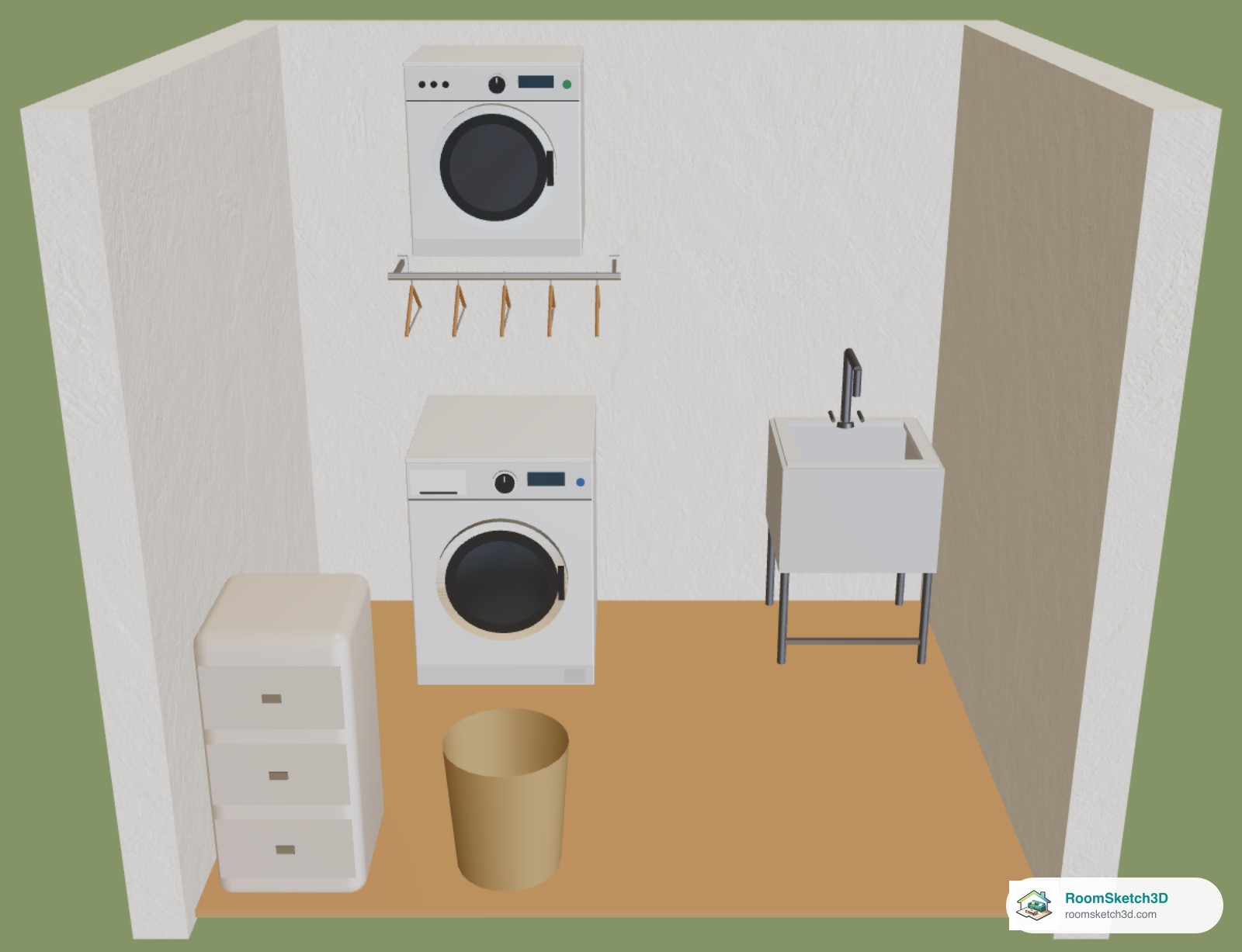 3D dollhouse view of a small laundry room: a wall-mounted dryer above a hanging rail with hangers, above a front-load washer, next to a utility sink — RoomSketch3D home design app