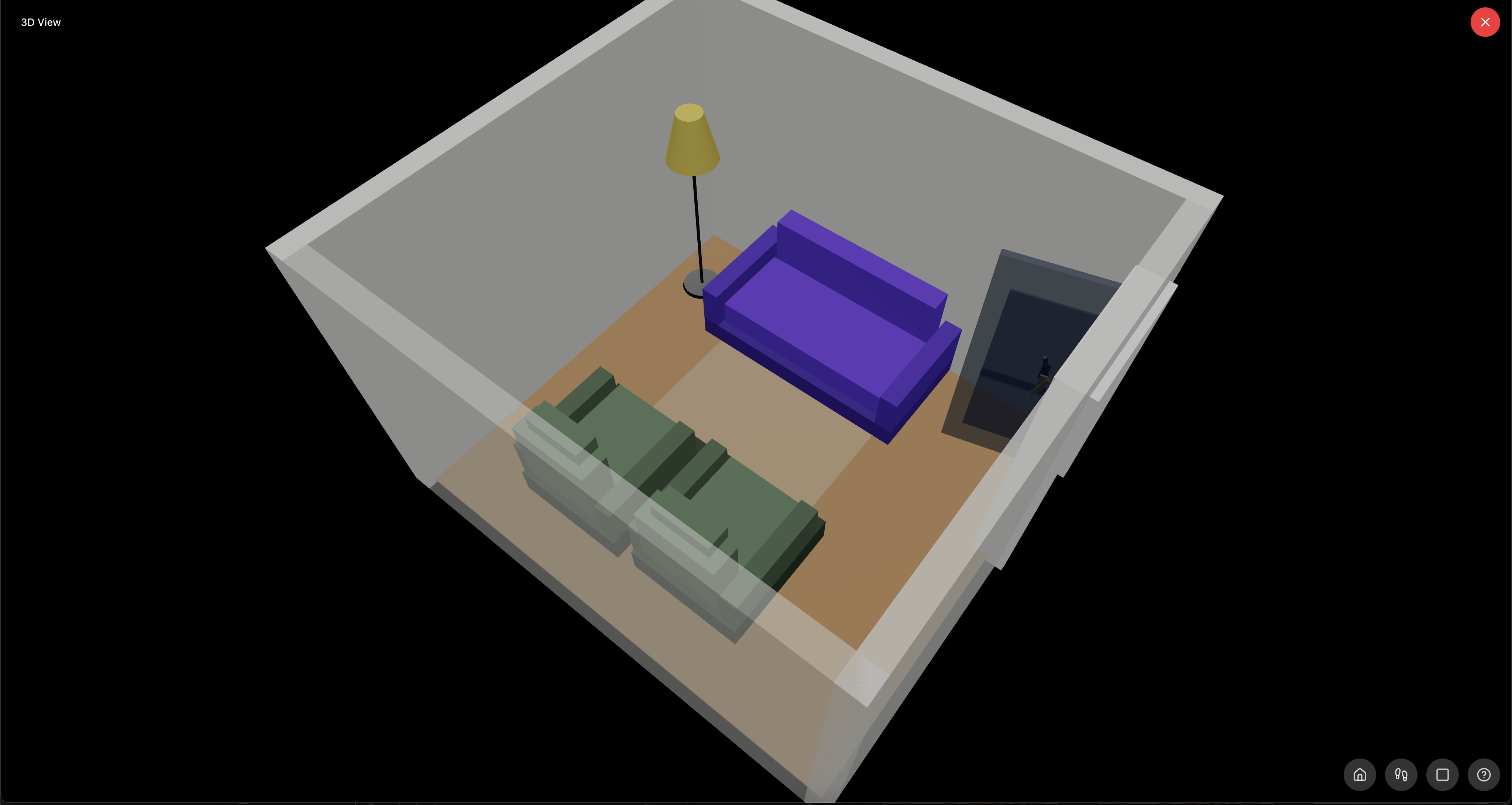 The sofa shown to scale in the 3D view of the room