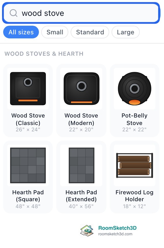 Furniture panel search for wood stove showing the Wood Stoves & Hearth group: Wood Stove (Classic), Wood Stove (Modern), Pot-Belly Stove and the hearth pads — RoomSketch3D home design app