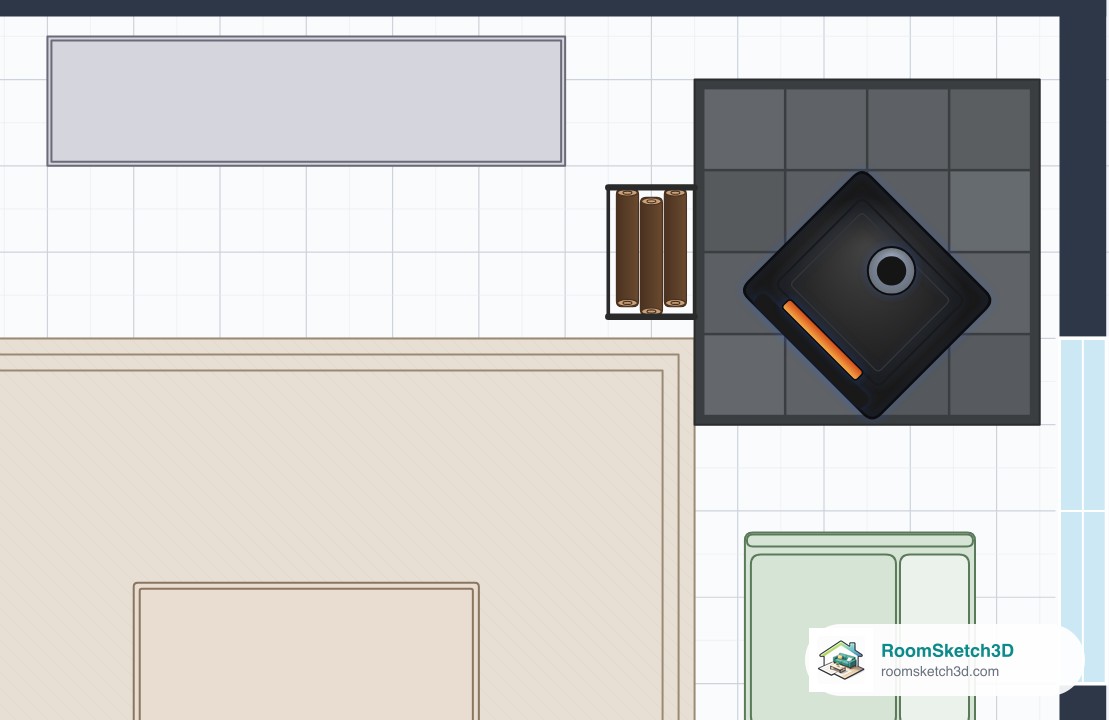 A classic wood stove angled on a square slate hearth pad in the corner of the Spacious Living Room template, with a log holder beside it — RoomSketch3D 3D floorplan software