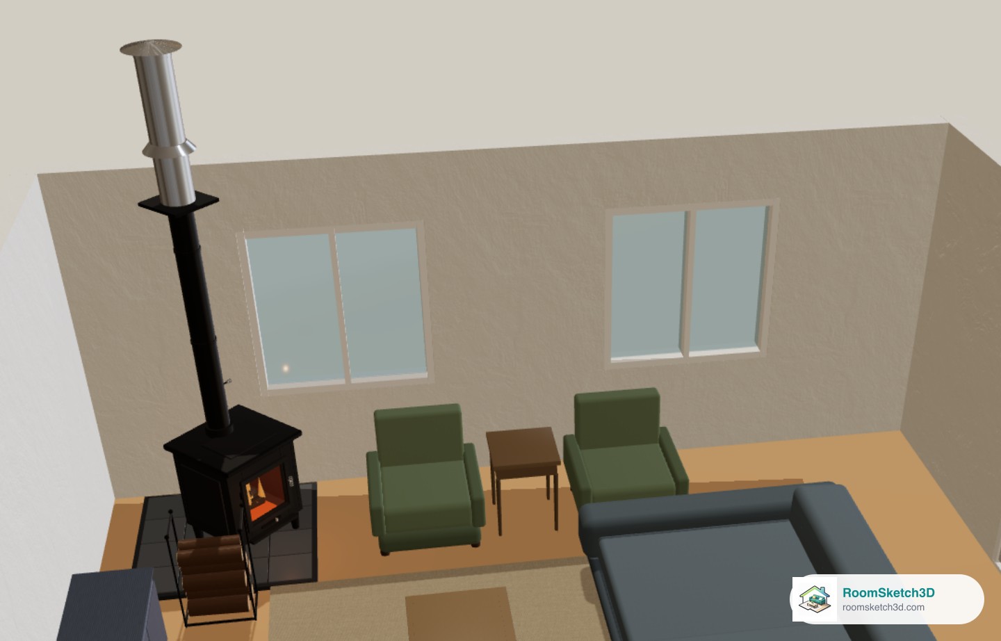 3D view of a living room with a black cast-iron wood stove on a slate hearth pad, fire visible through the door and the chimney pipe rising to the ceiling — RoomSketch3D 3D floorplan software