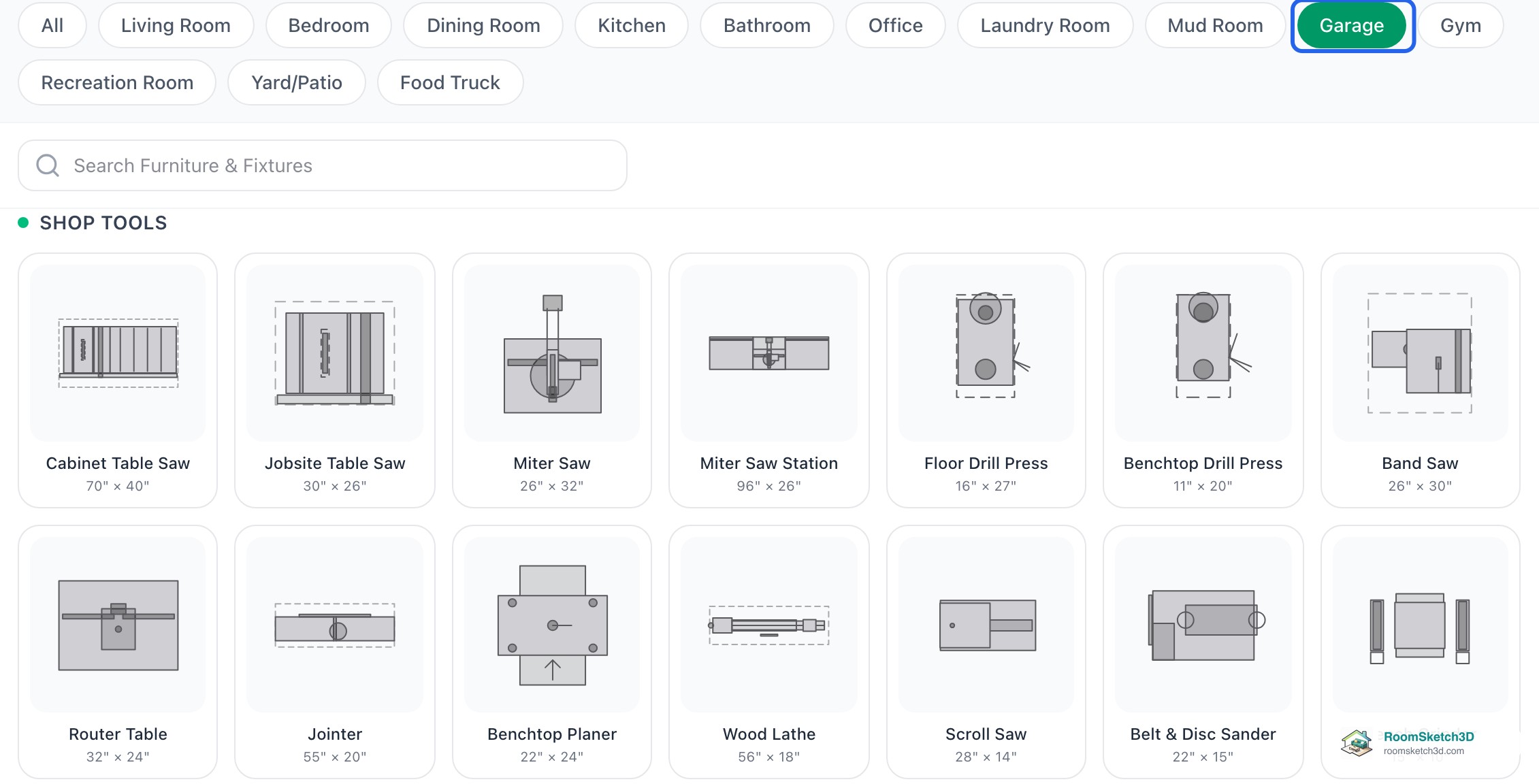 Full furniture catalog filtered to Garage, showing the Shop Tools section: Cabinet Table Saw, Jobsite Table Saw, Miter Saw, Miter Saw Station, Floor Drill Press, Benchtop Drill Press, Band Saw, Router Table, Jointer, Benchtop Planer, Wood Lathe, Scroll Saw, Belt & Disc Sander, Bench Grinder — RoomSketch3D floor planner