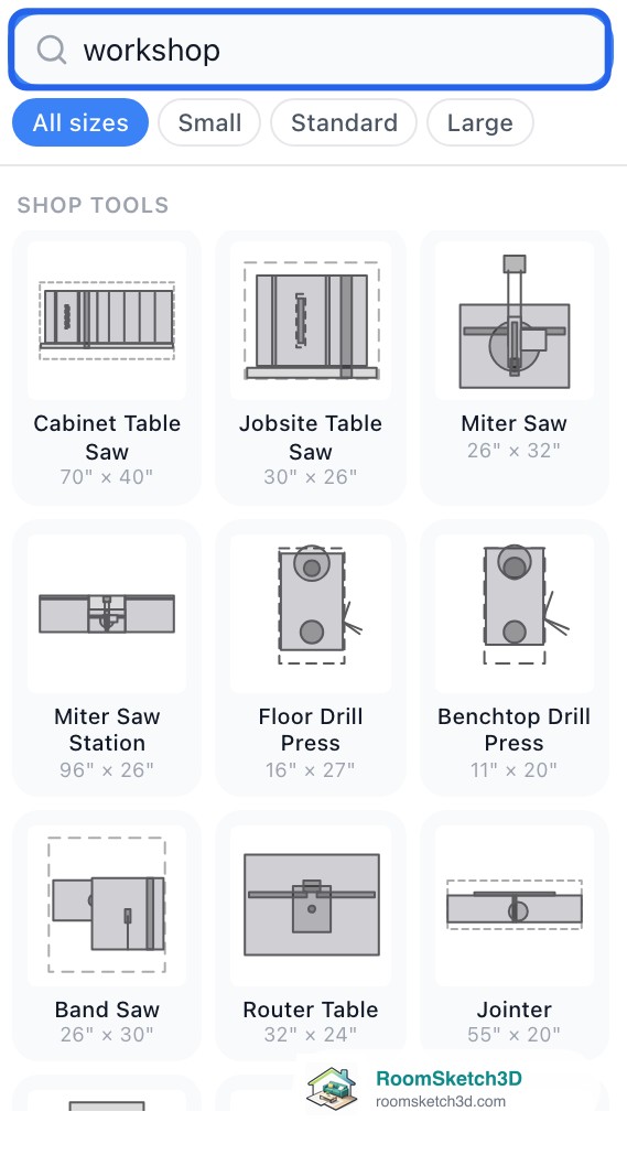 Furniture panel search for workshop listing Shop Tools: table saws, miter saw, drill presses, band saw, router table, jointer, planer, lathe, scroll saw, sander, grinder, vise — RoomSketch3D 3D floorplan software