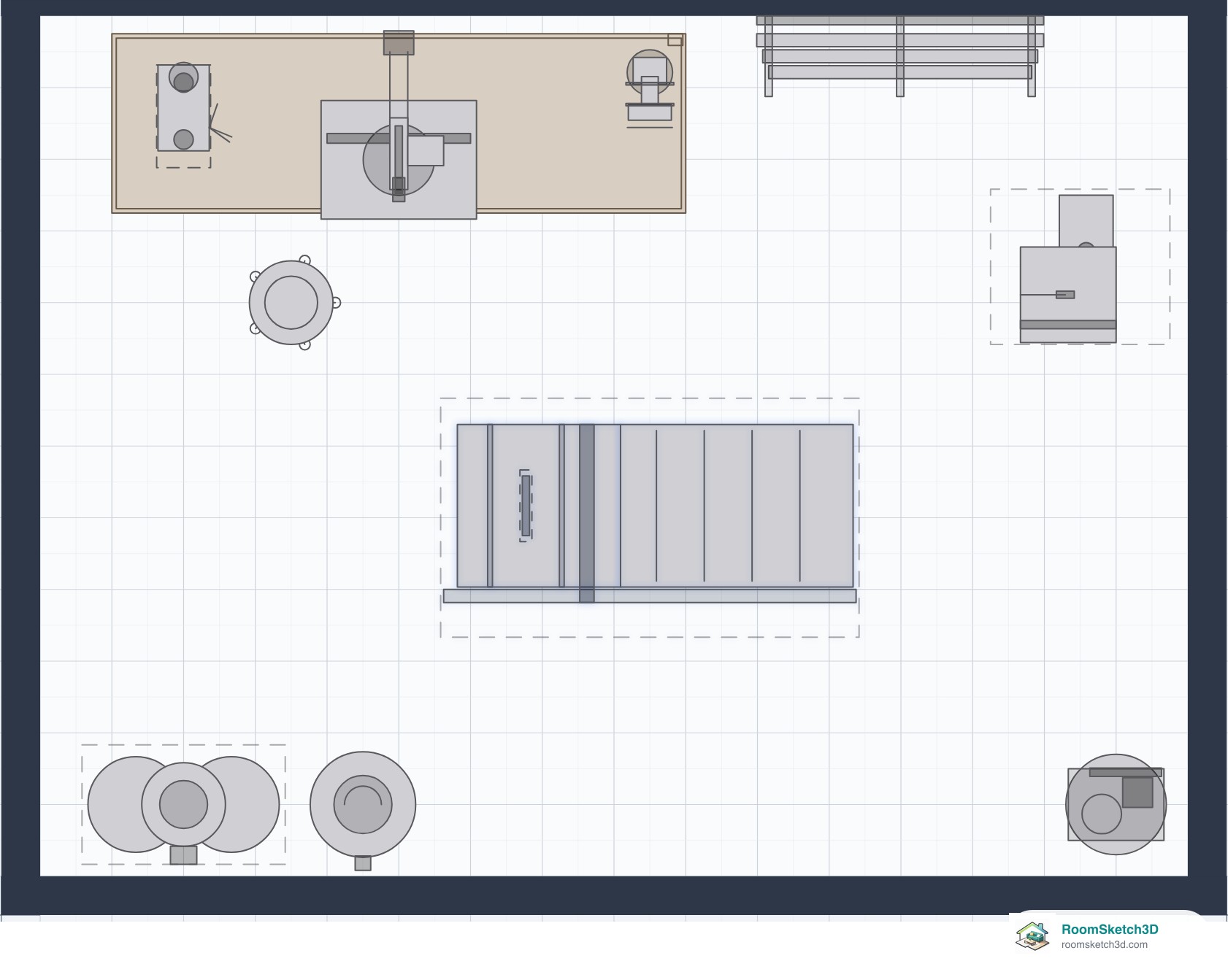 Floor plan of a 16 by 12 foot workshop: 8 ft workbench with drill press, miter saw and vise on top, lumber rack, cabinet table saw in the middle, band saw, rolling stool, dust collector, shop vac and air compressor — RoomSketch3D floor plan creator