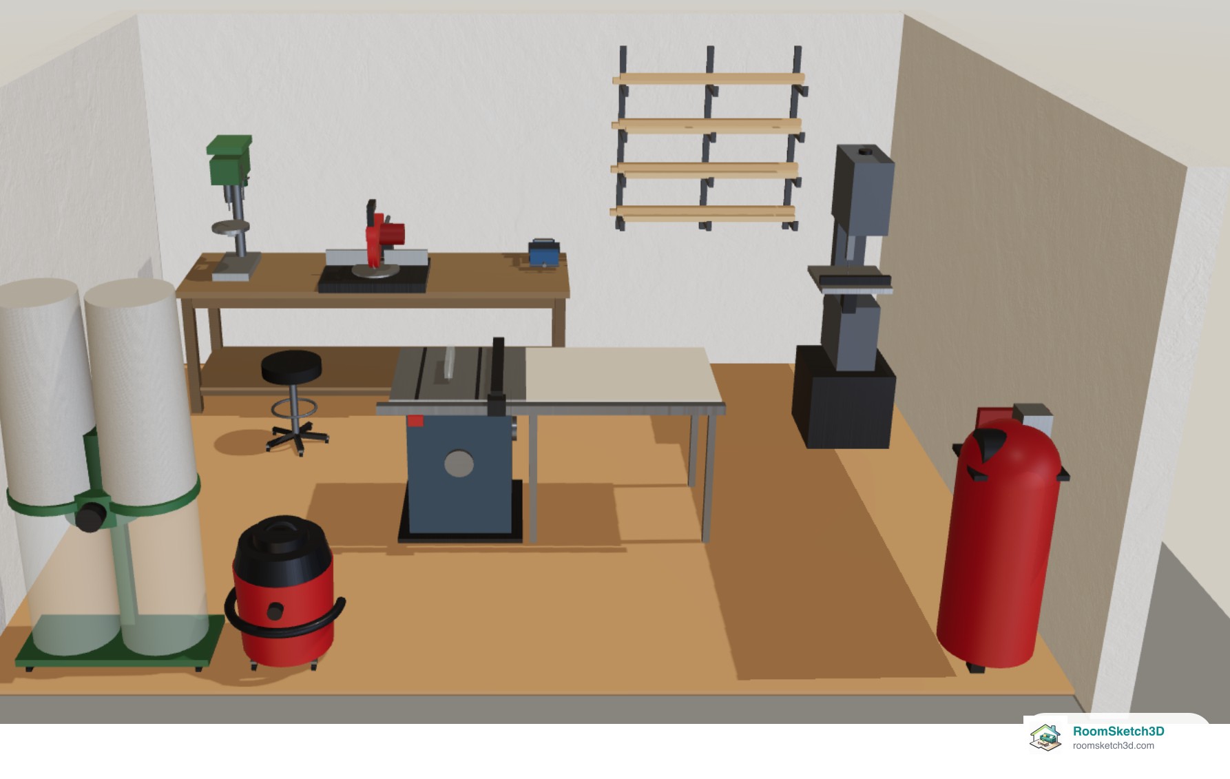 3D view of the workshop: workbench with tools, lumber rack on the wall, cabinet table saw, band saw, dust collector, shop vac and red air compressor — RoomSketch3D room planner app
