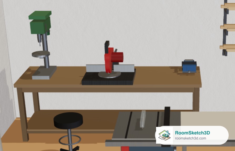 3D close-up of a workbench with a drill press, miter saw and bench vise sitting on the bench top — RoomSketch3D home design app