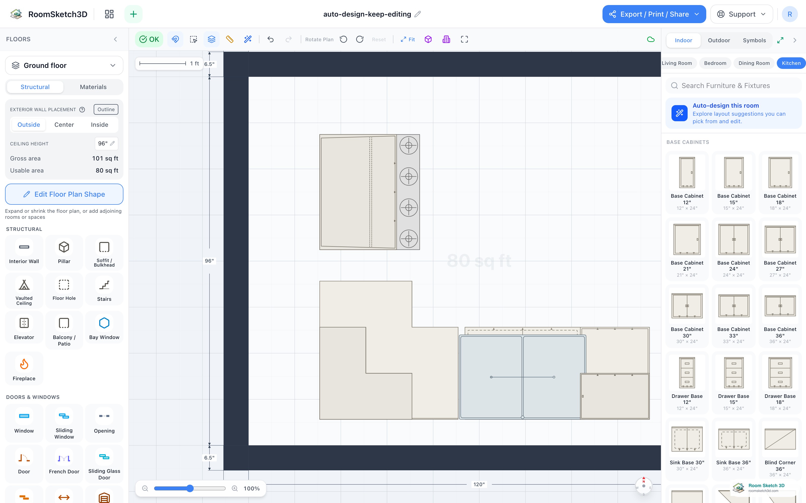 The chosen layout placed in the 2D editor, ready to edit like ordinary furniture — RoomSketch3D floor planner