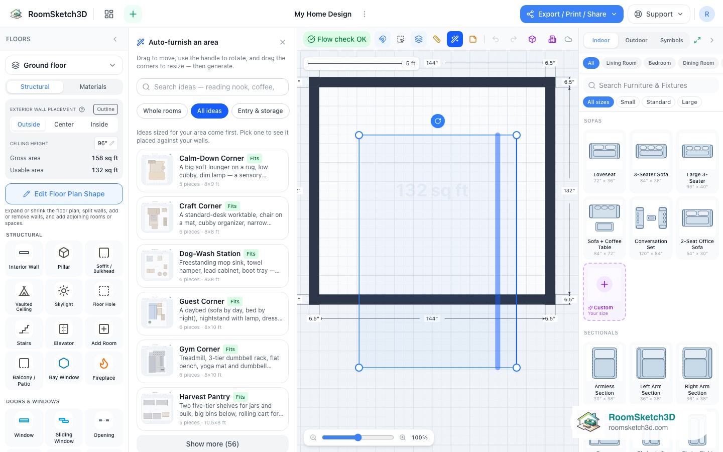 A box drawn over a room, with the ranked list of design ideas beside it — RoomSketch3D home design app