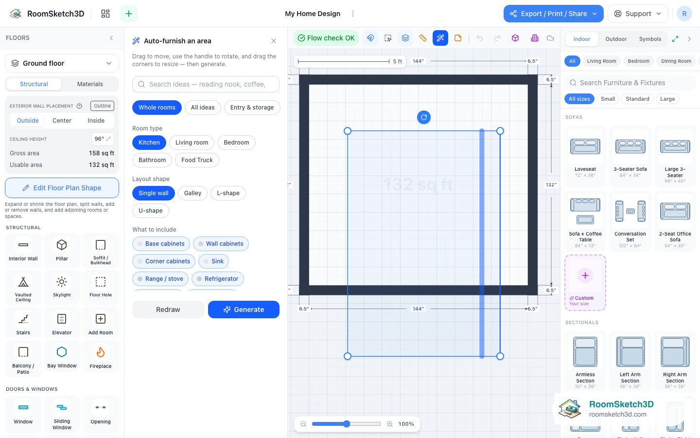 The Whole rooms / All ideas filters above the ranked design-idea list — RoomSketch3D floor planner