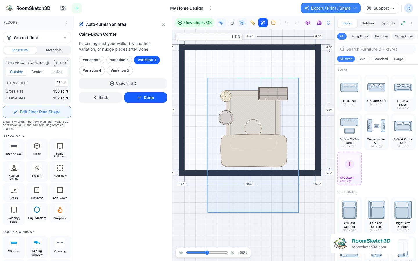 A different variation of the placed idea after tapping Variation 3 — RoomSketch3D floor plan creator