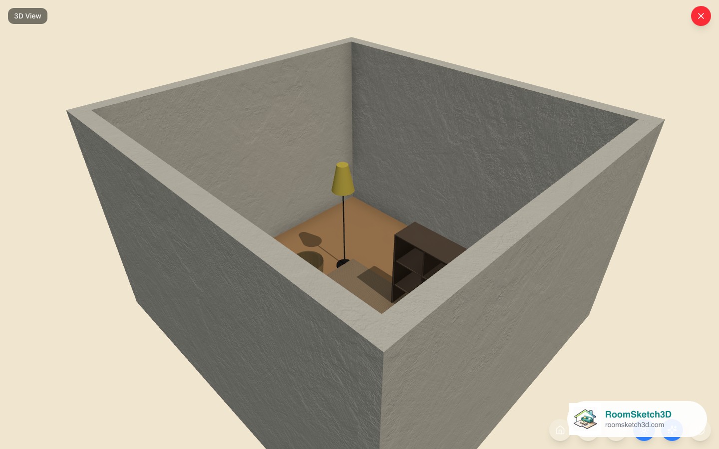 The placed design idea shown in the 3D view — RoomSketch3D room planner app