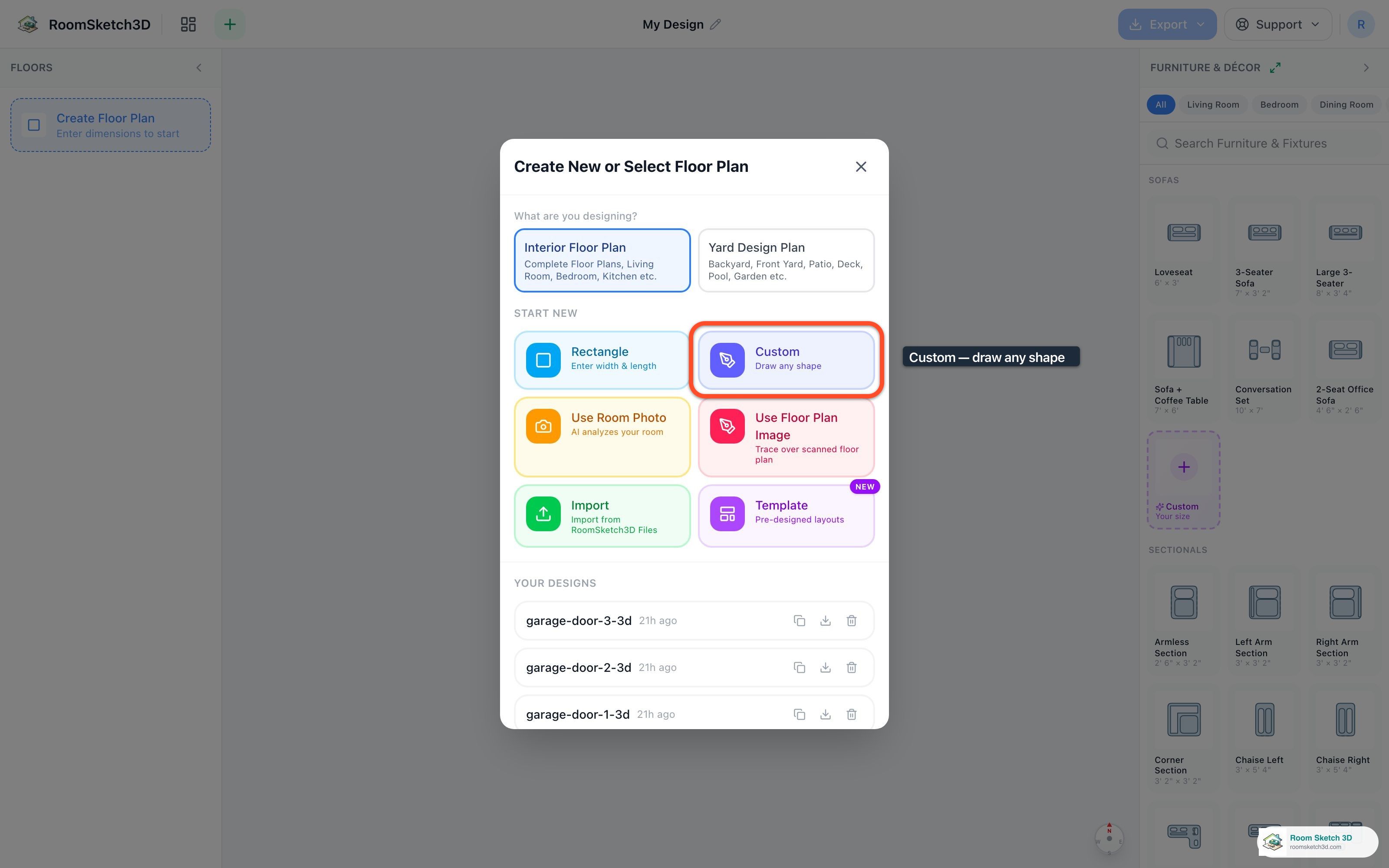 The New Design window with the Custom tile highlighted by an orange outline
