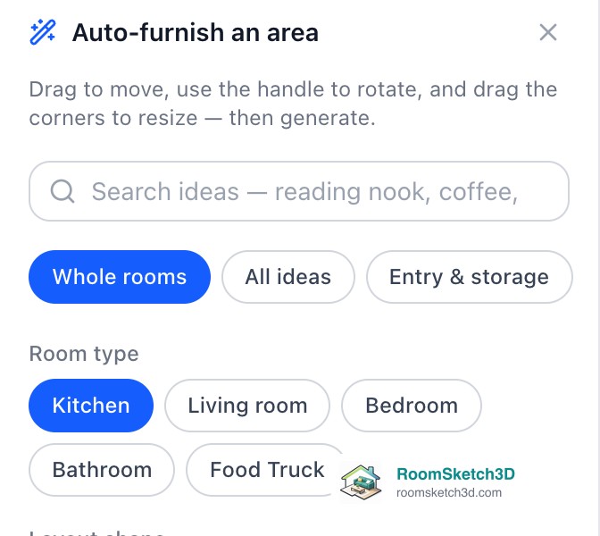 The RoomSketch3D Auto-furnish an area panel with Whole rooms selected and the room types Kitchen, Living room, Bedroom, Bathroom and Food Truck