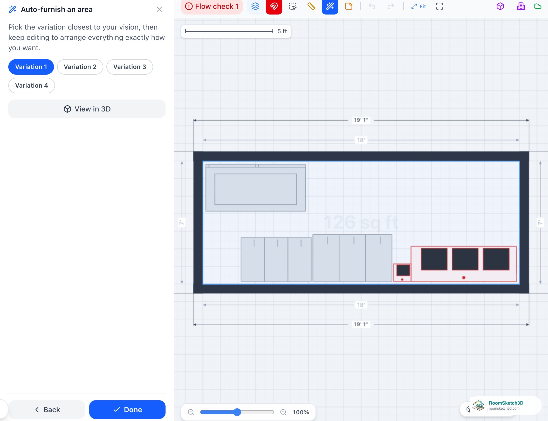 A generated food-truck layout in RoomSketch3D with Variation 1 to 4 buttons, View in 3D, Back and Done, and the plan showing the hood and cook line on one long wall and fridges and sinks on the other