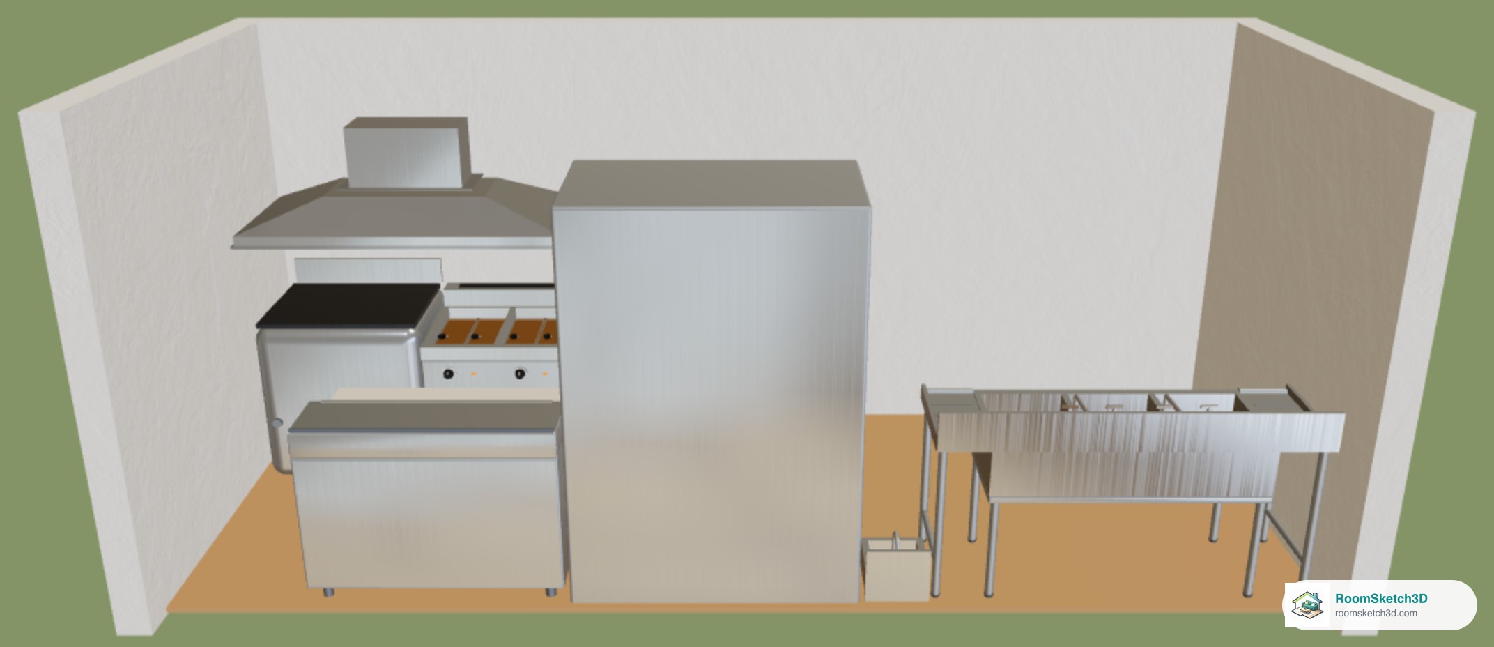 A food truck galley in the RoomSketch3D 3D dollhouse view: an exhaust hood over a griddle and fryer, a prep table, a two-door reach-in fridge, a hand-wash sink and a 3-compartment sink