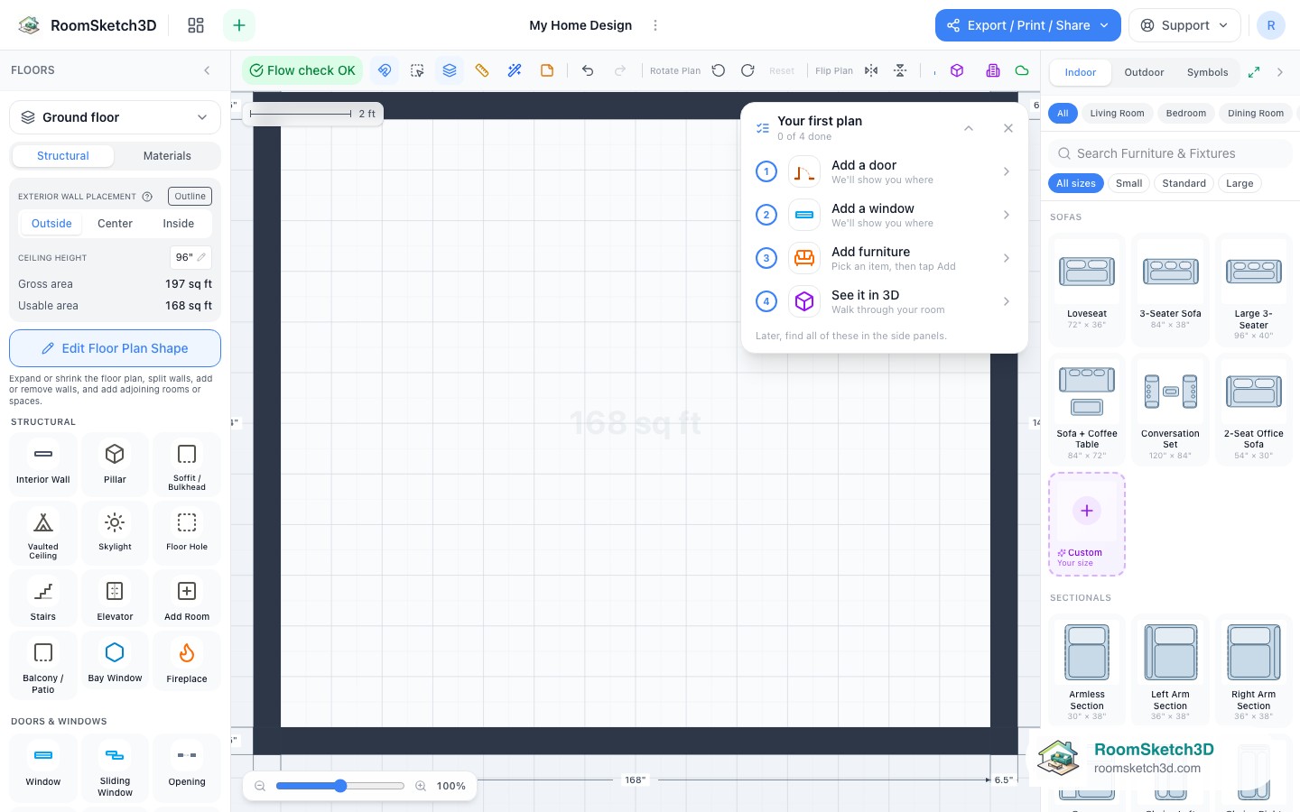 The Your first plan checklist panel in RoomSketch3D listing four steps