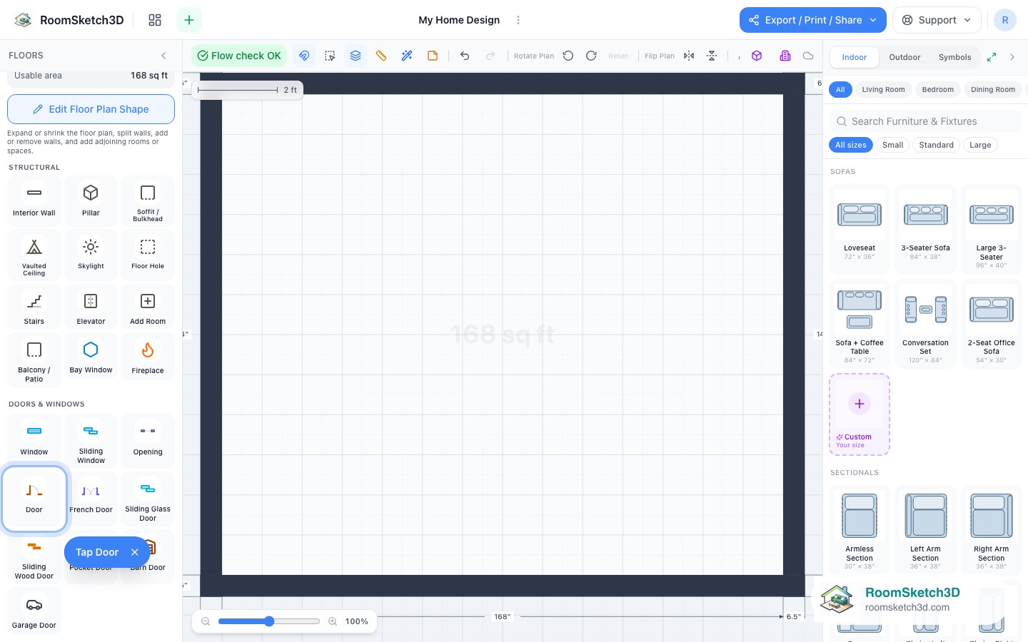 The pulsing Tap Door pointer from the RoomSketch3D getting-started checklist highlighting the Door tool