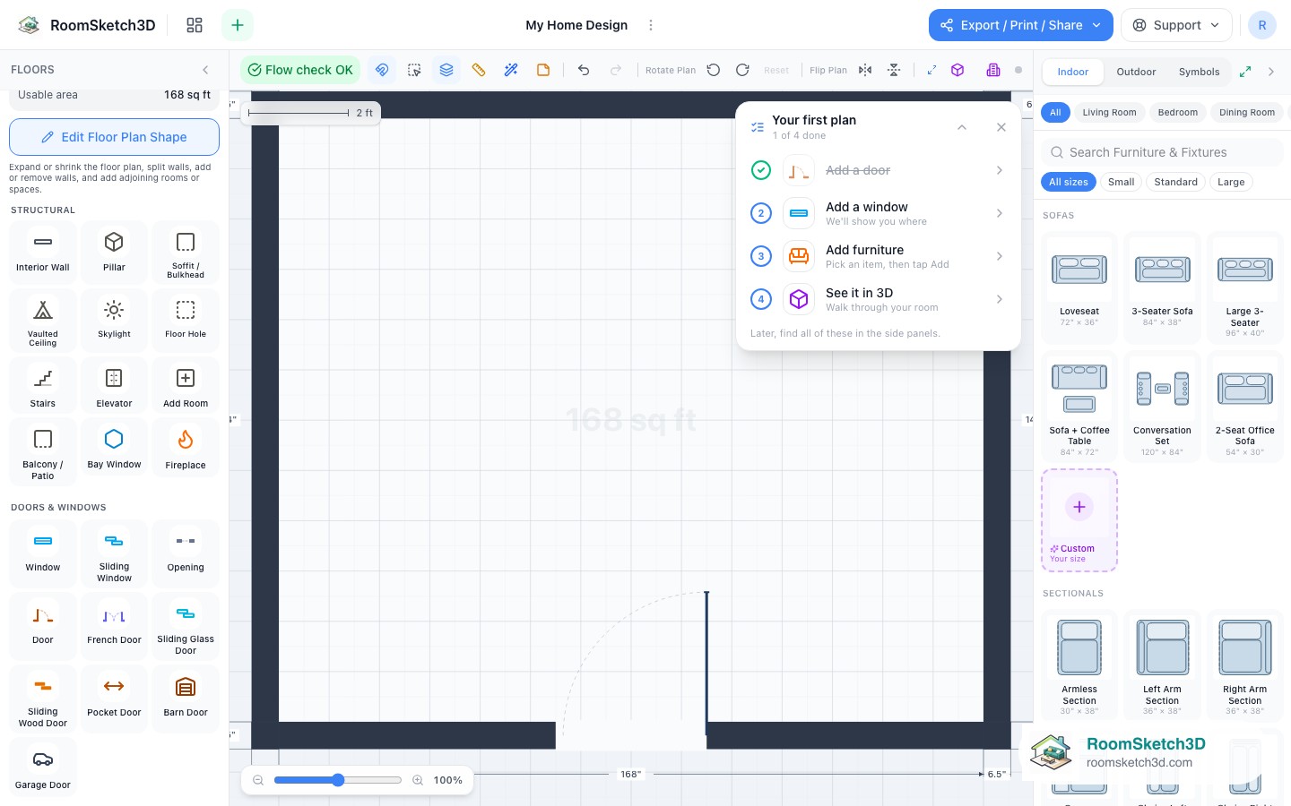 The RoomSketch3D checklist with the Add a door step completed