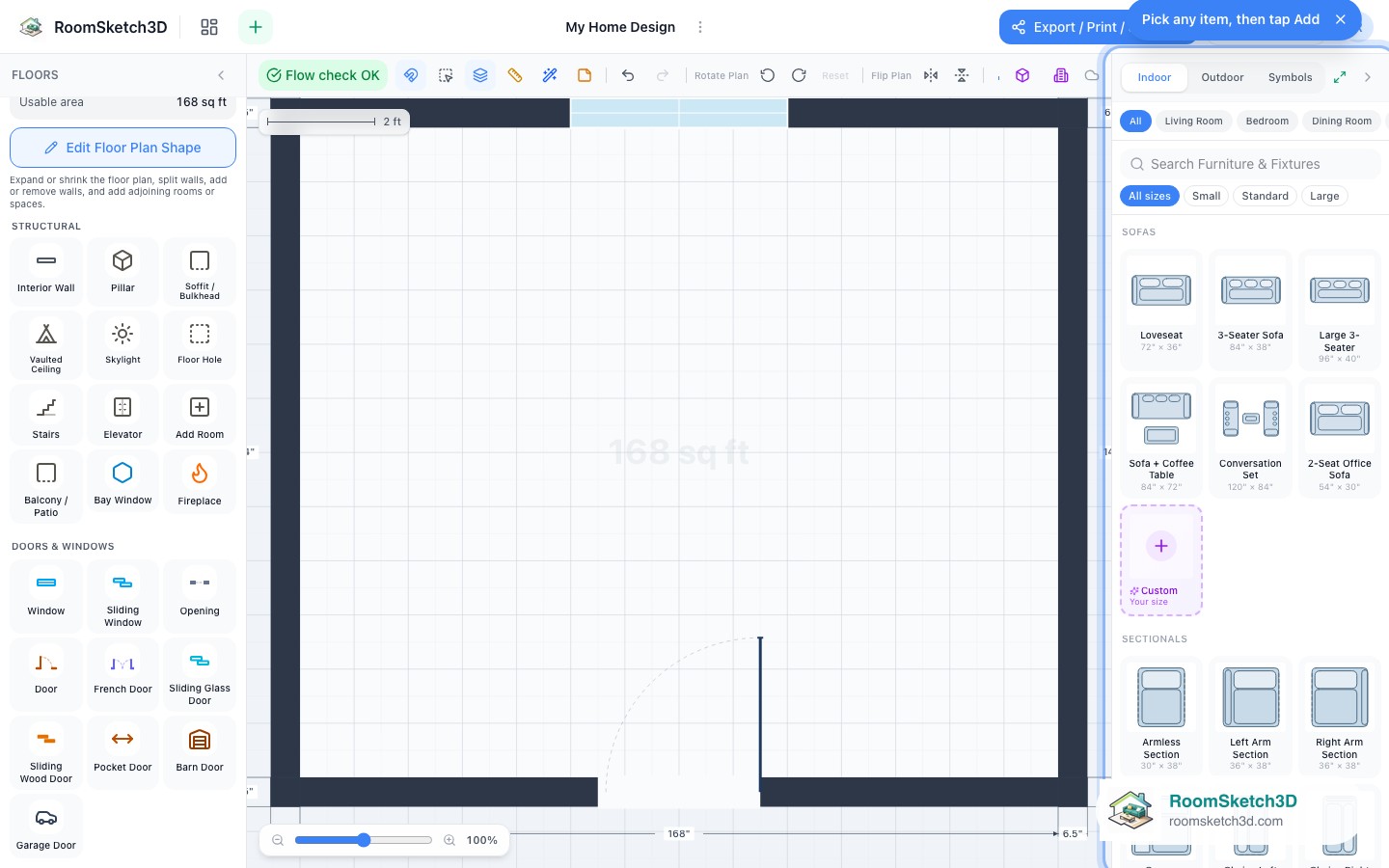 The Add furniture step of the RoomSketch3D checklist pointing at the furniture catalog