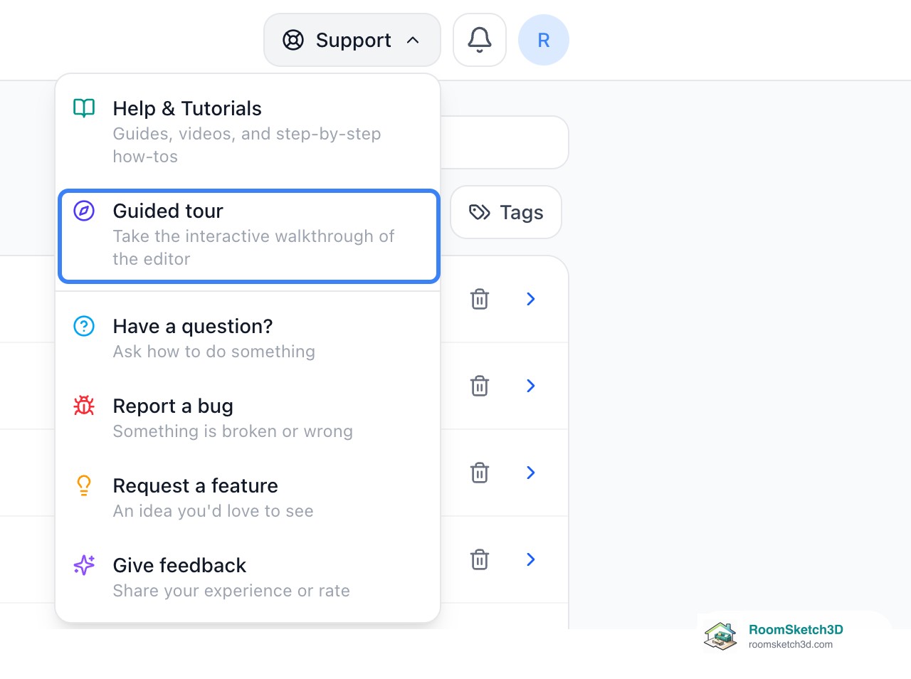 The Support menu open at the top of RoomSketch3D's Home screen, with Guided tour highlighted under Help & Tutorials