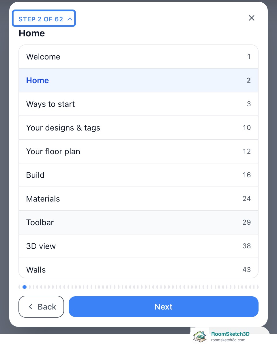The guided tour card with its step counter tapped, showing the Jump to a section list: Welcome, Home, Ways to start, Your designs & tags, Your floor plan, Build, Materials, Toolbar, 3D view, Walls, with their step numbers — RoomSketch3D floor plan creator