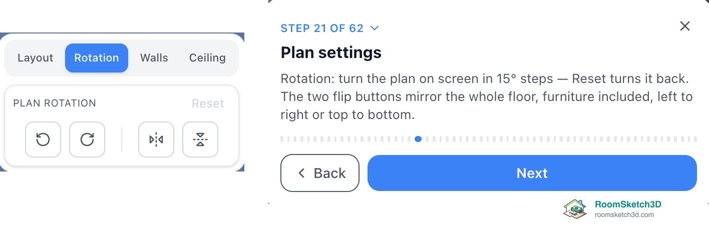 Plan Settings with the Rotation tab selected next to the tour card explaining Rotation: turn the plan on screen in 15 degree steps, and the two flip buttons — RoomSketch3D floor planner
