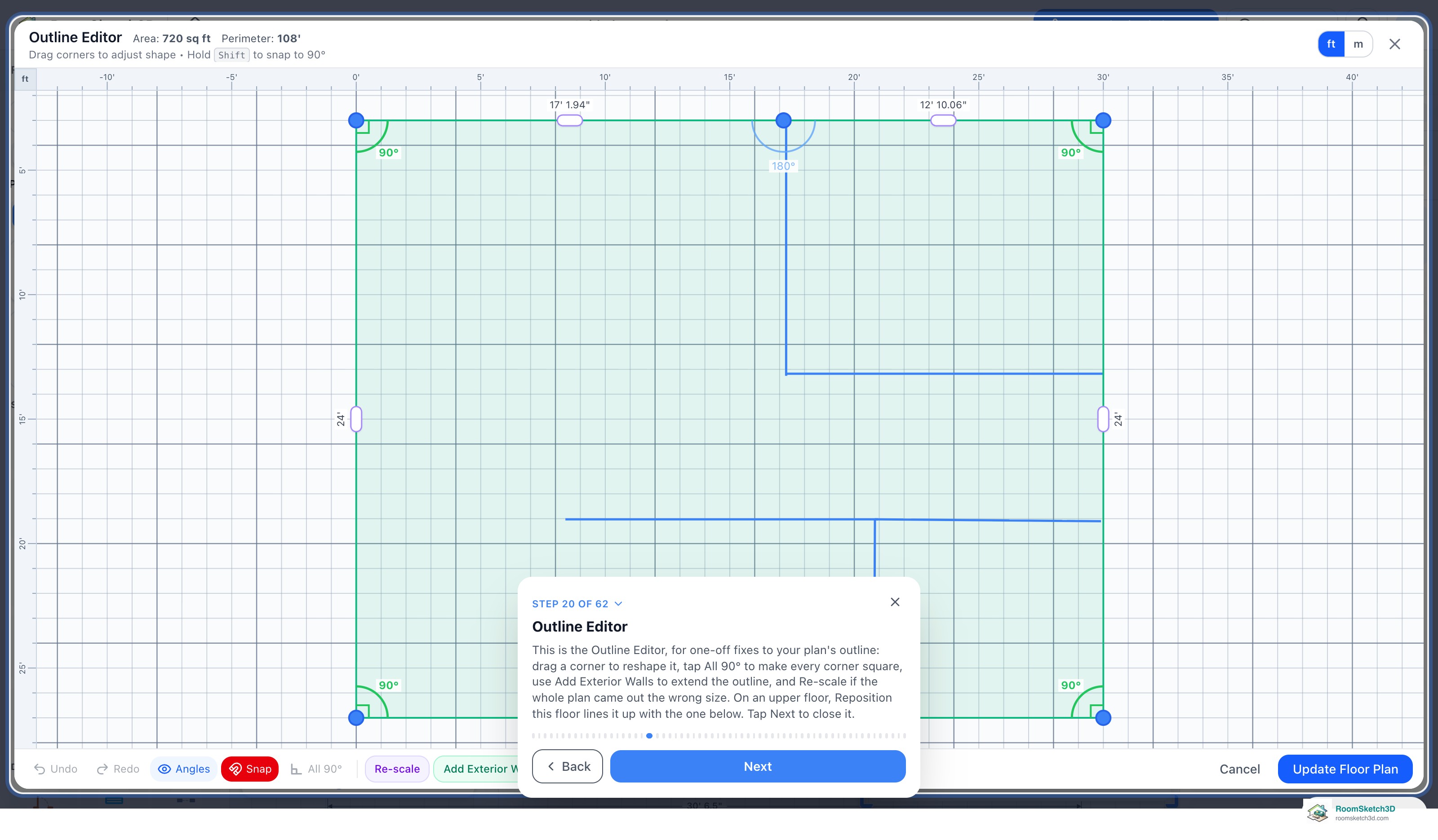 The Outline Editor open on the tour's sample apartment, with corner handles, 90 degree angle marks, and the All 90°, Re-scale and Add Exterior Walls buttons, under the tour card Outline Editor, Step 20 of 62 — RoomSketch3D 3D floorplan software