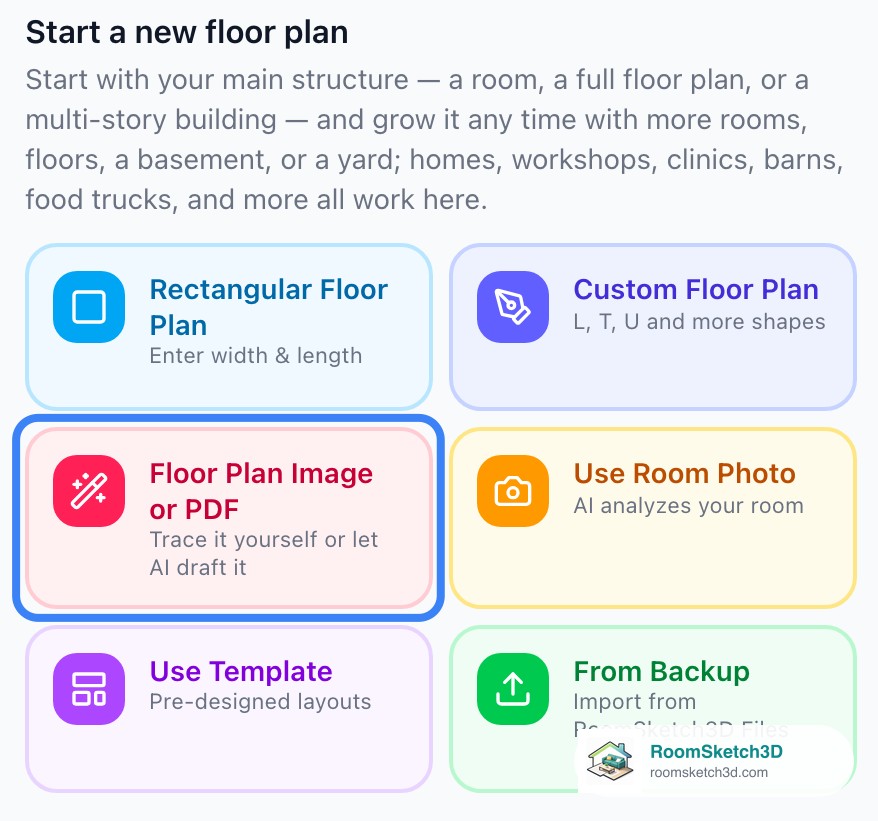 The Start a new floor plan tiles on Home with the Floor Plan Image or PDF tile highlighted — RoomSketch3D home design app