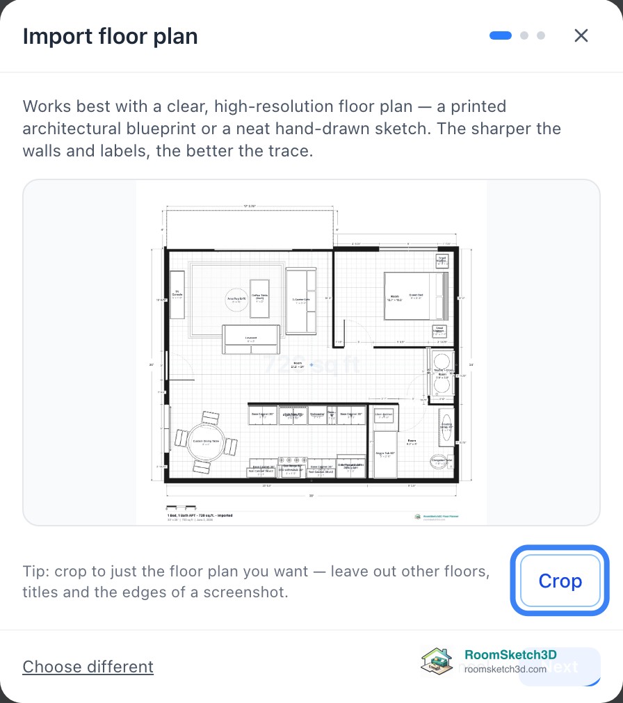 The Import floor plan window showing a one-bedroom floor plan with the Crop button highlighted, and Choose different, Cancel and Next below — RoomSketch3D home design app