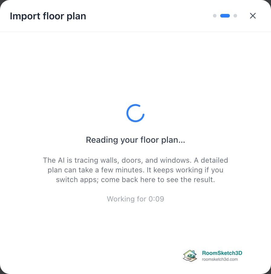 Reading your floor plan with a spinner and Working for 0:09 below — RoomSketch3D floor planner