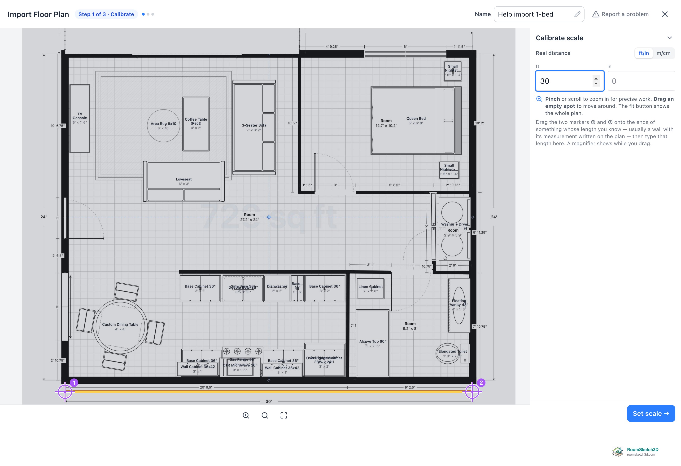 Step 1 of 3 · Calibrate with markers 1 and 2 on the ends of the plan's 30-foot dimension line, 30 typed in the feet box and the Set scale button — RoomSketch3D floor plan creator