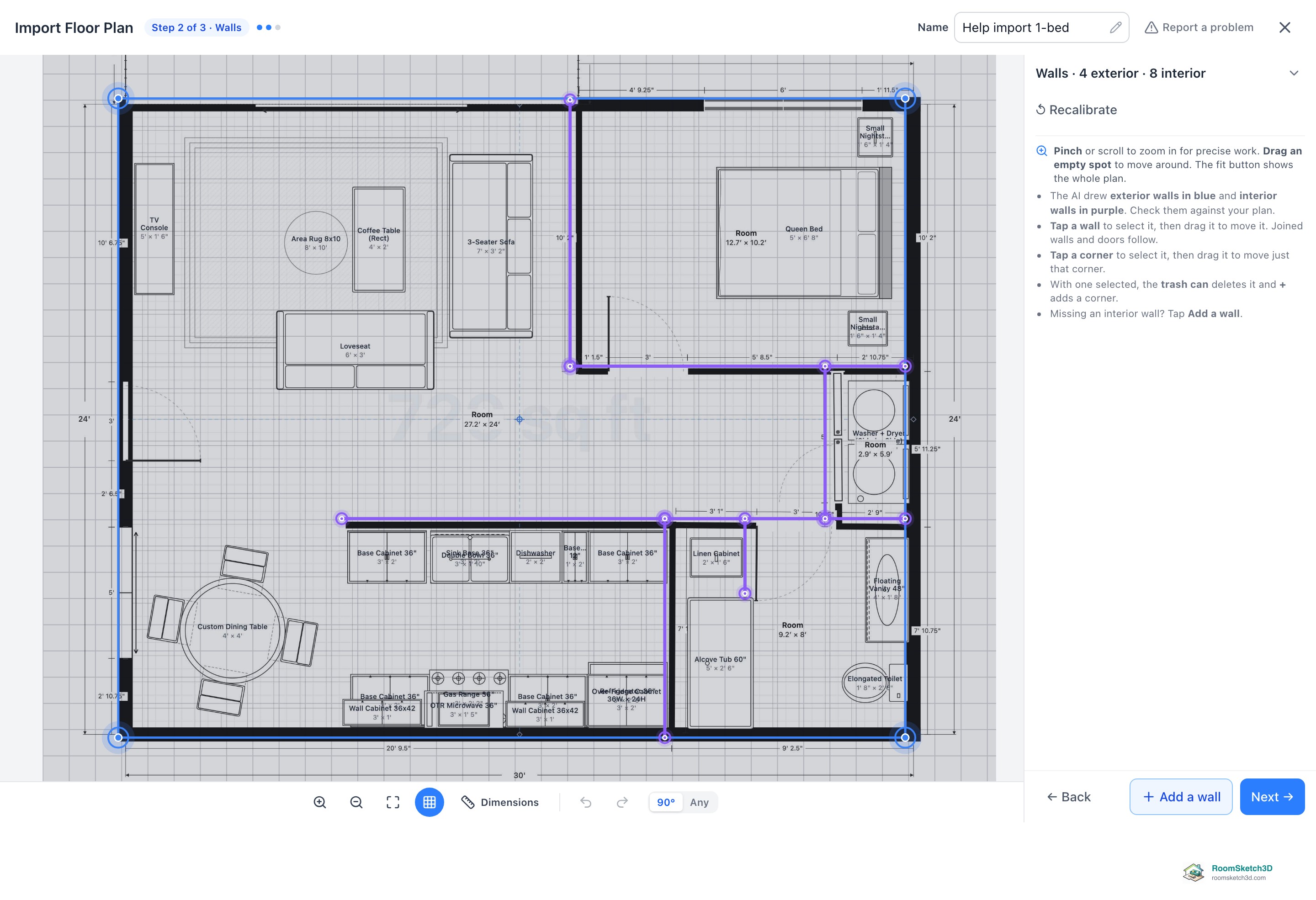 Step 2 of 3 · Walls with the AI's exterior walls in blue and interior walls in purple over the plan, the tips on the right and Add a wall and Next at the bottom — RoomSketch3D room planner app