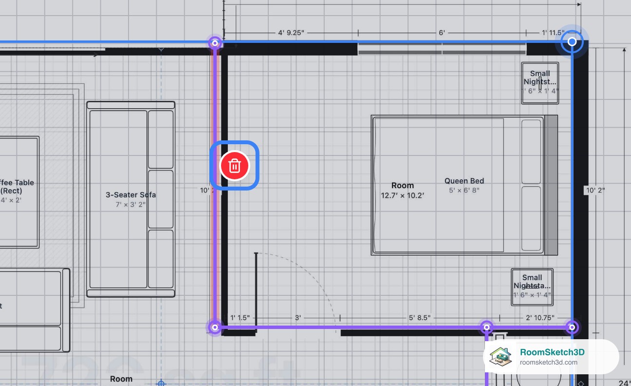A selected interior wall with the red trash can button beside it highlighted — RoomSketch3D home design app