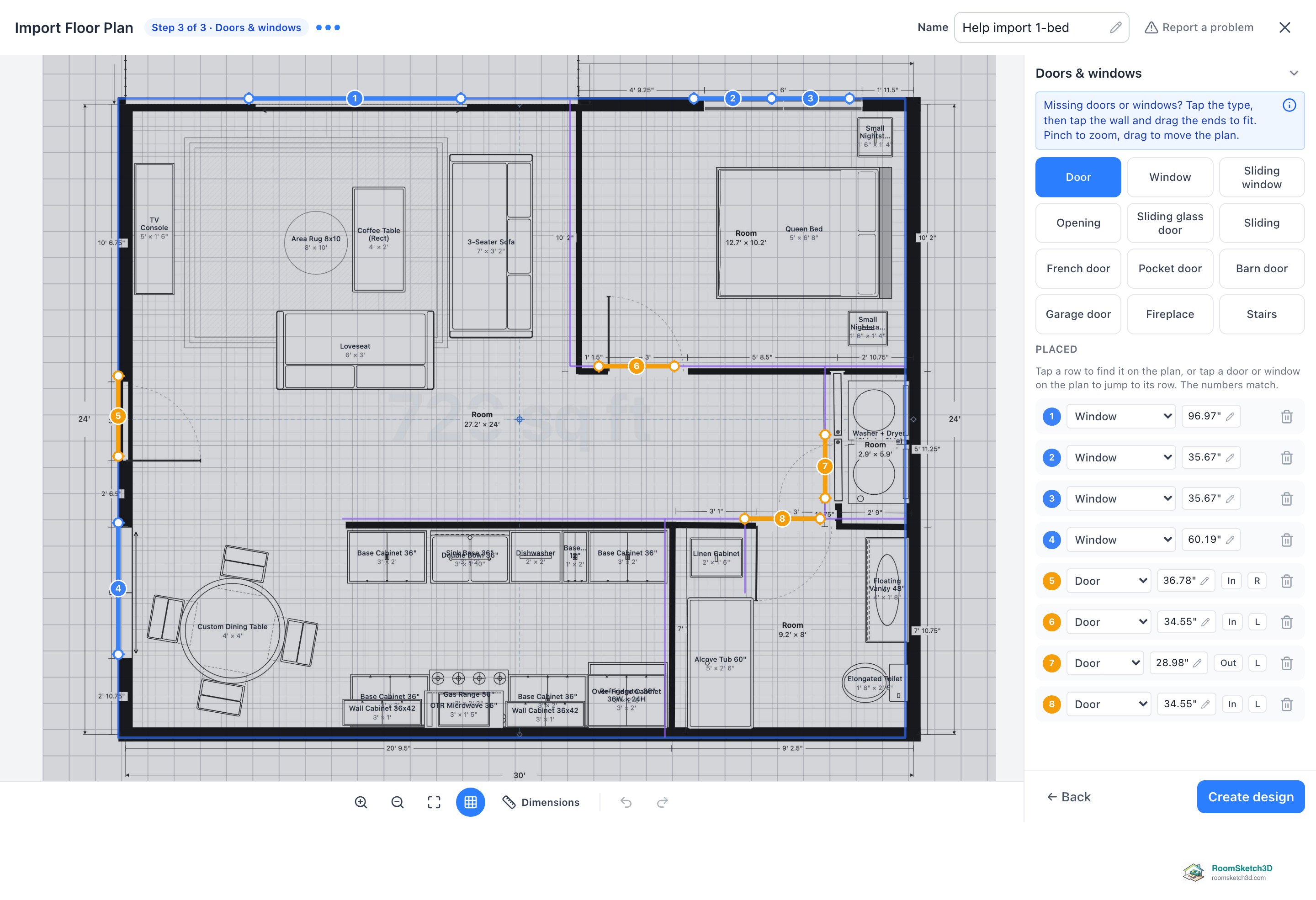 Step 3 of 3 · Doors & windows: numbered windows and doors on the plan, the type buttons and the numbered Placed list on the right, and Create design at the bottom — RoomSketch3D floor planner