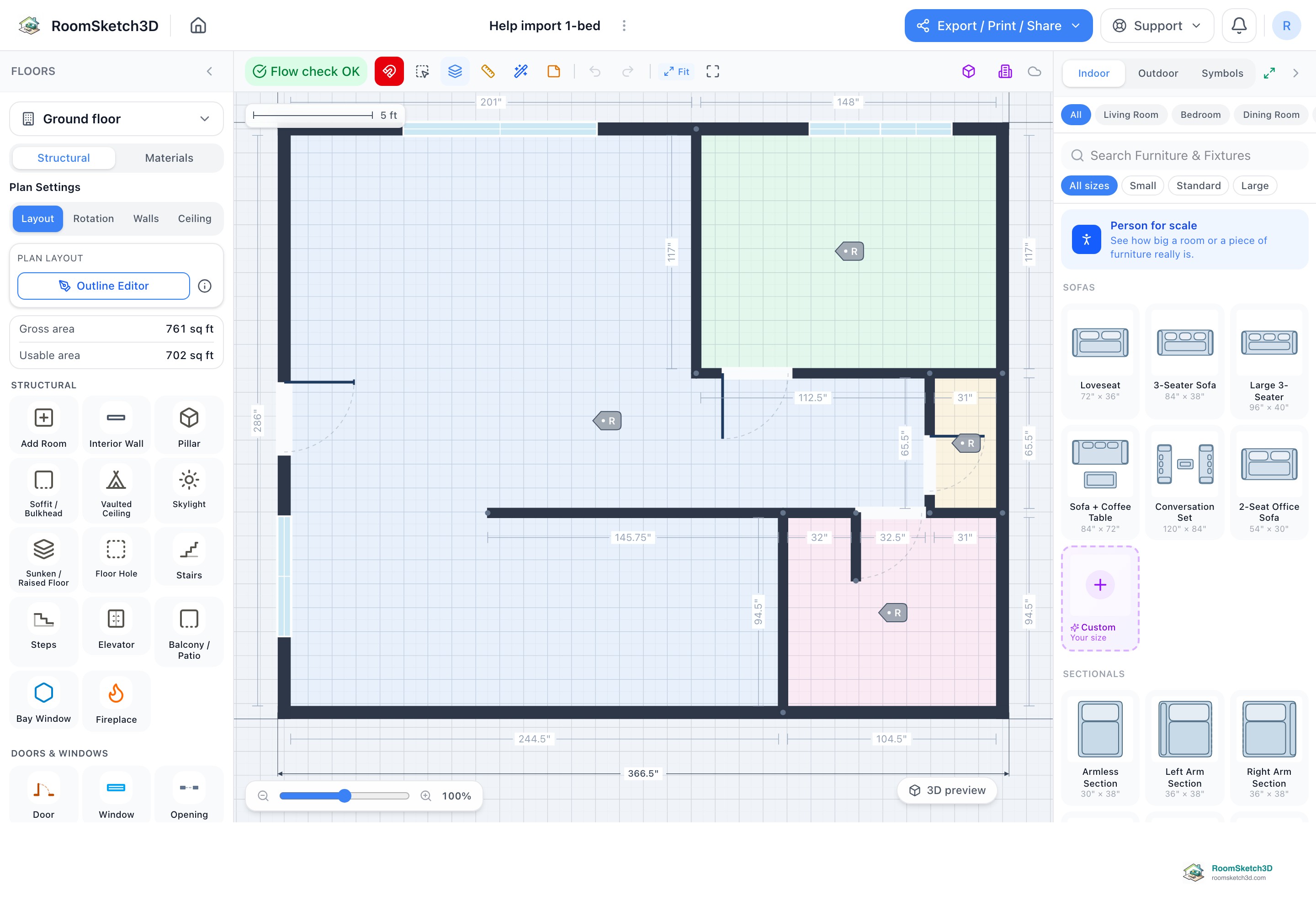 The imported one-bedroom plan in the editor with tinted rooms, wall dimensions, and Gross area 761 sq ft and Usable area 702 sq ft in Plan Settings — RoomSketch3D room planner app