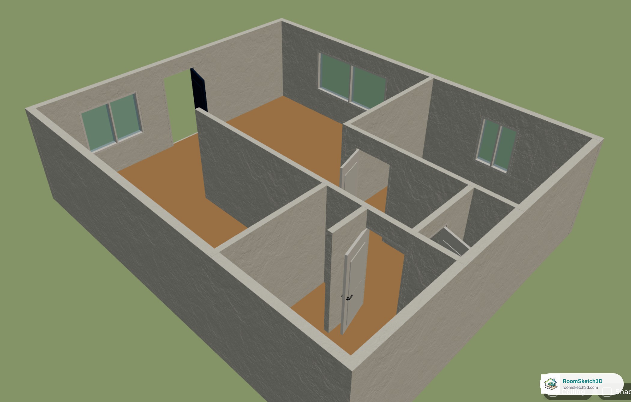 The imported one-bedroom plan in 3D with its windows and doors — RoomSketch3D home design app