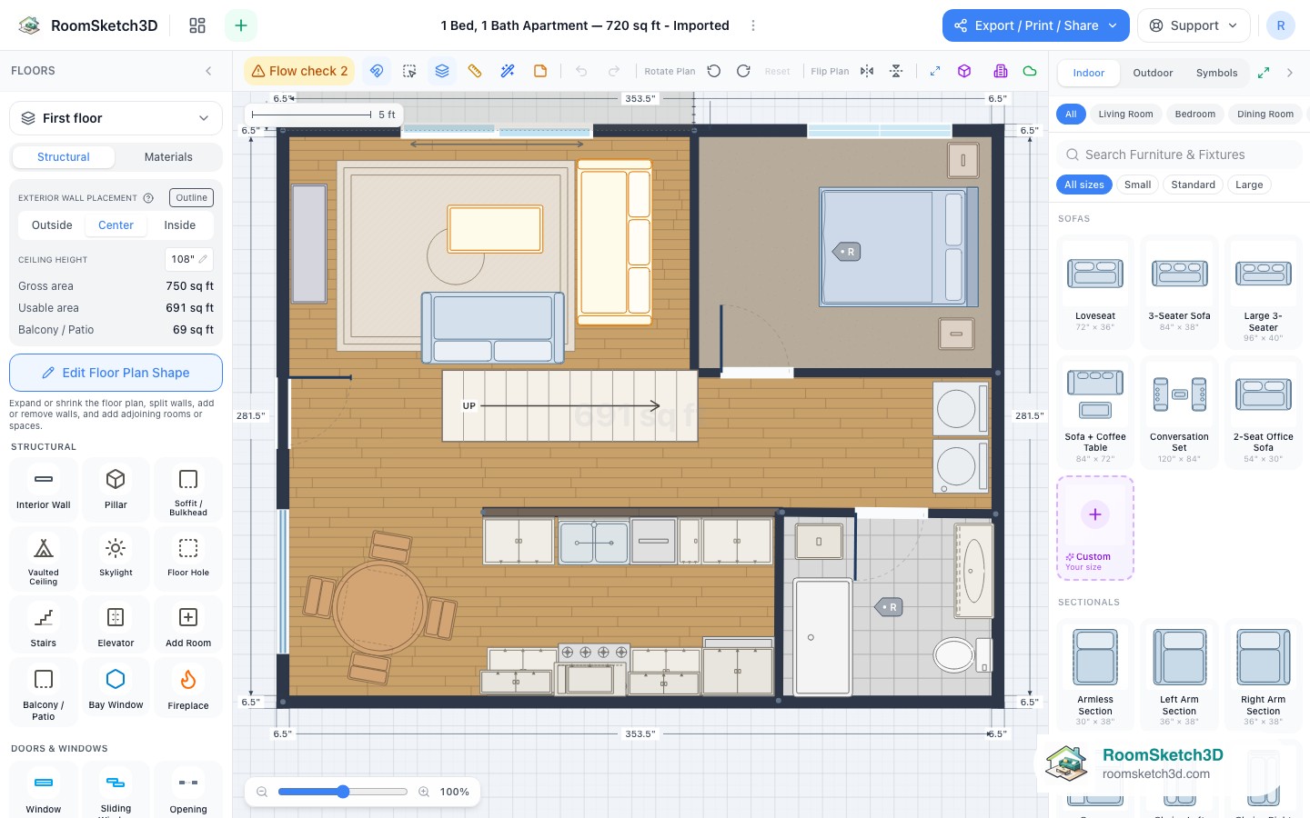 A RoomSketch3D floor plan showing automatically detected room names and areas