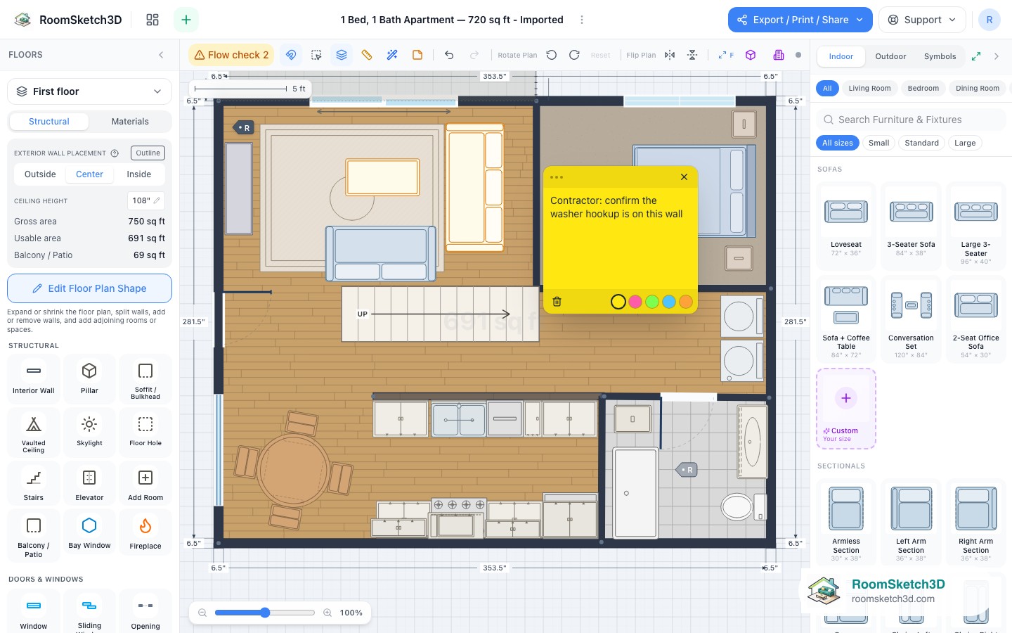A sticky note placed on a RoomSketch3D floor plan with a message for the contractor