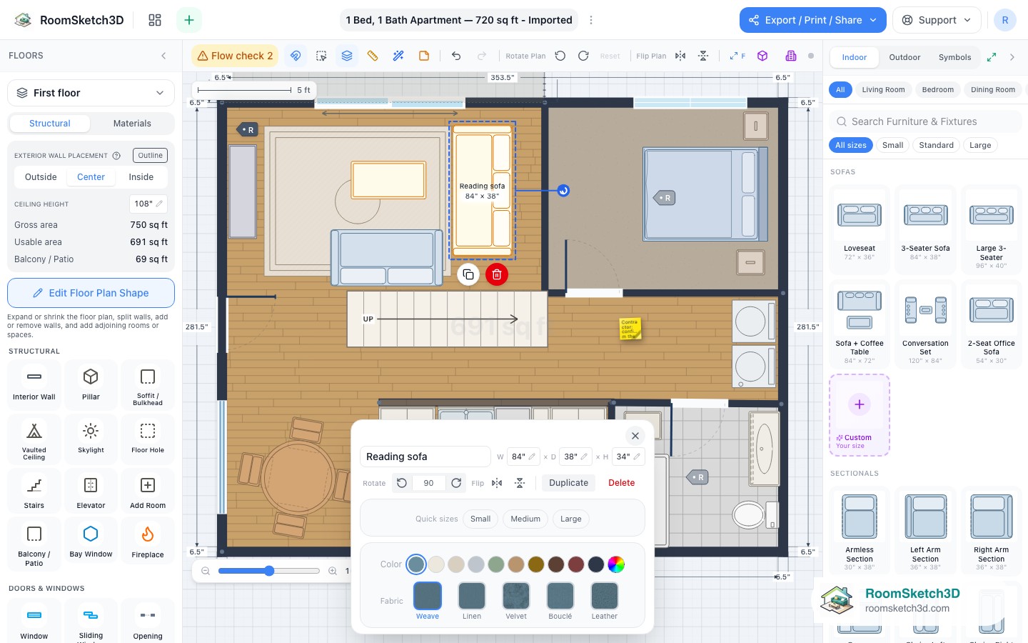 Renaming a selected sofa to Reading sofa in the RoomSketch3D inspector name field