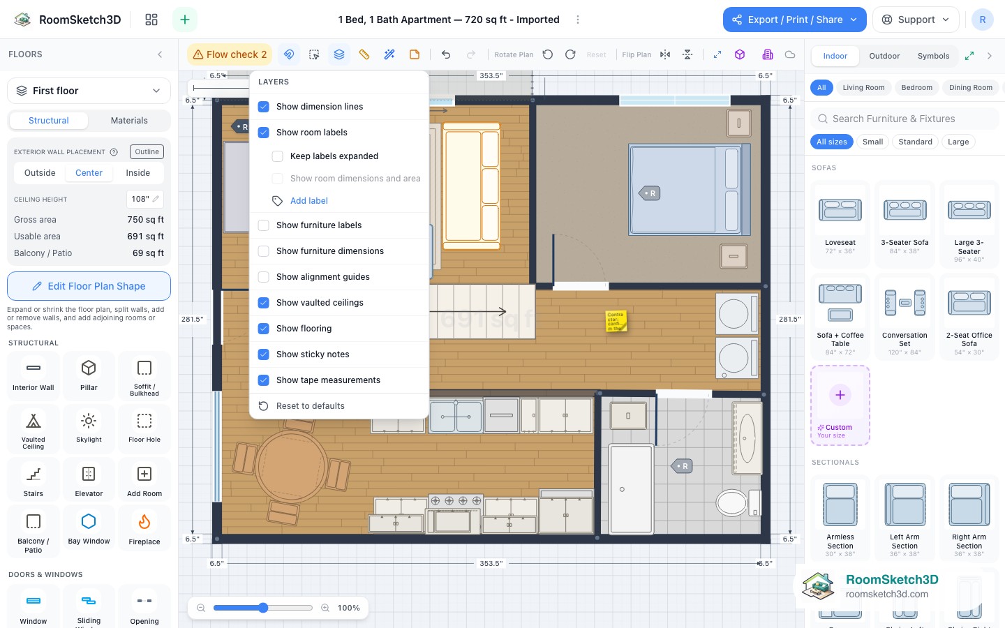 The Layers menu in RoomSketch3D with toggles for room labels, furniture labels, dimensions, guides, and sticky notes